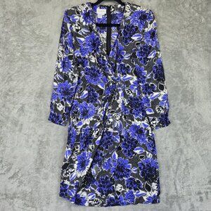 Vintage Silk Studio Dress Womens 6 Blue Floral Silk Wrap Ruched Knee Length